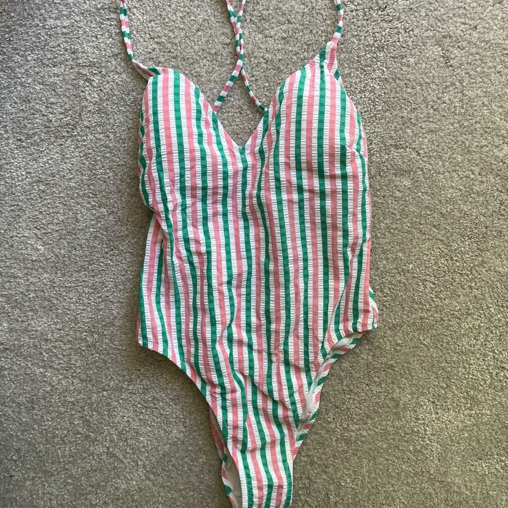 J. Crew size 4 pink and green striped one piece 🍉
